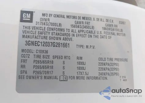 2007 Chevrolet Avalanche 1500 Lt from USA, damaged, VIN 3GNEC12037G281661